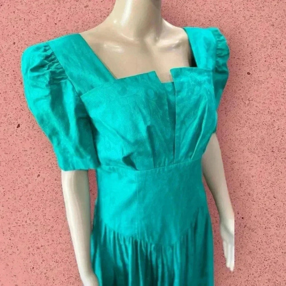 Lord & Taylor 1980’s fit n flare brocade vintage green dress with pockets-L - Picture 4 of 12
